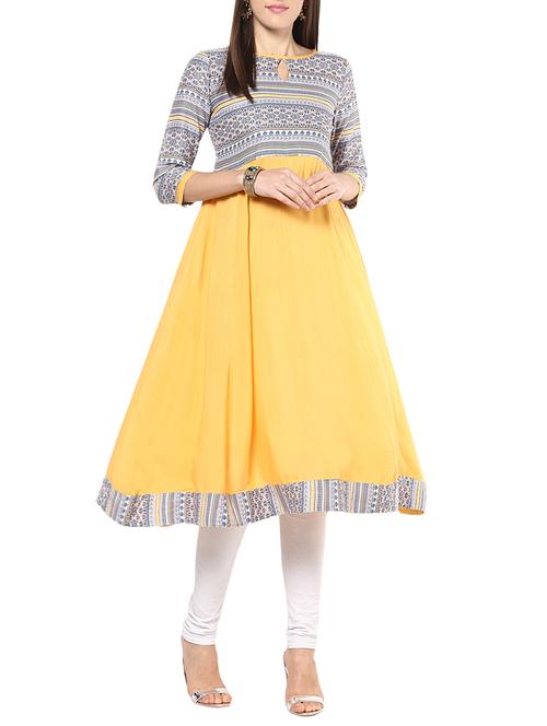 yellow rayon flared kurta - 12377141 - Very Small Image - 1