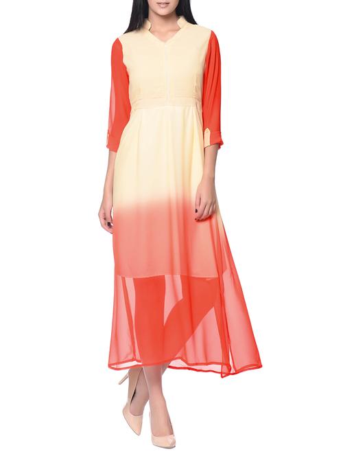 orange and beige georgette maxi dress - 12379785 - Very Small Image - 1