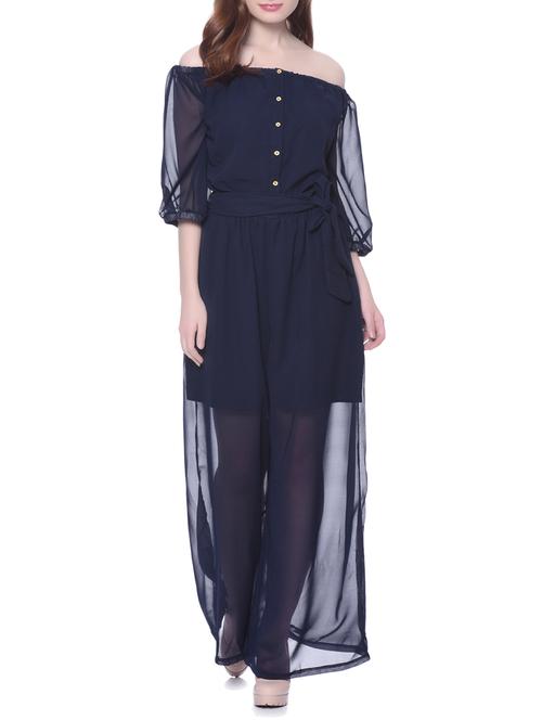 navy blue georgette full leg jumpsuit - 12379787 - Very Small Image - 1