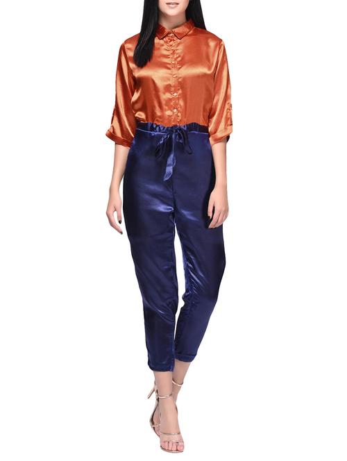 orange and blue colour block satin full leg jumpsuit - 12379794 - Very Small Image - 1