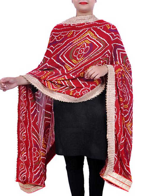 red bandhani print gota work dupatta - 12381106 - Very Small Image - 1