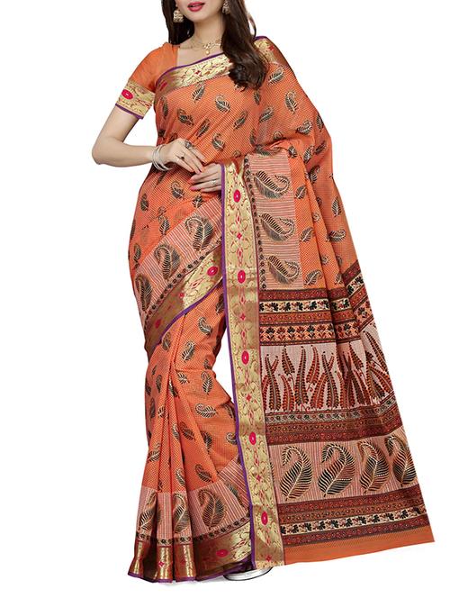 orange cotton blend saree with blouse - 12383603 - Very Small Image - 1