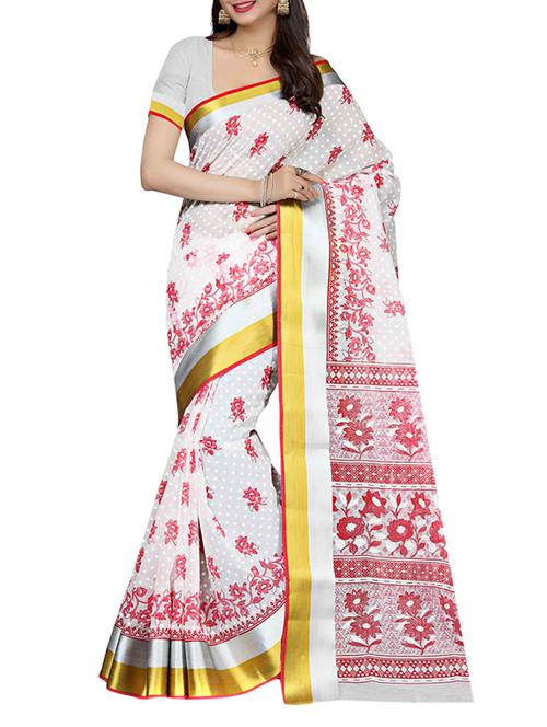 white cotton blend saree with blouse - 12383610 - Very Small Image - 1
