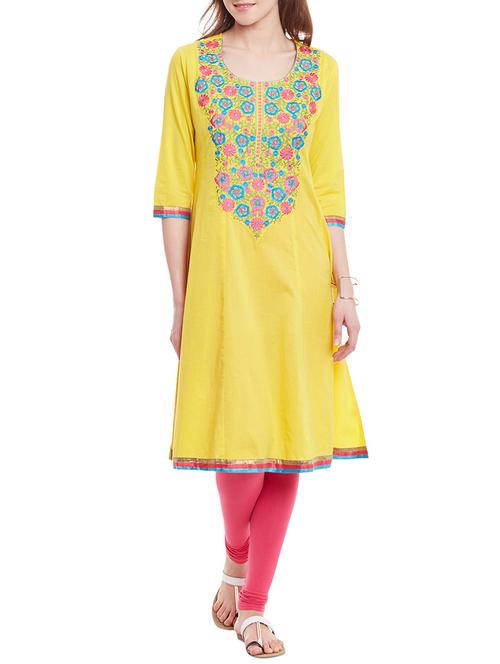 azira yellow embroidered cotton flared kurta - 12393607 - Very Small Image - 1