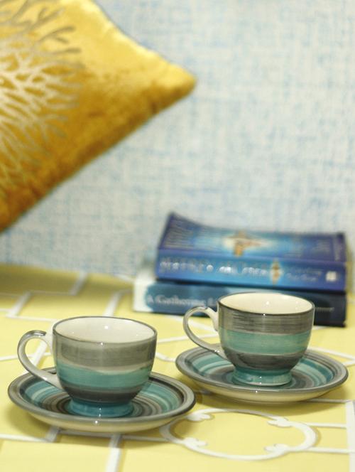 vareesha twirling green hand crafted by rural artisans ceramics cups saucer set of 6 - 12399429 - Very Small Image - 1