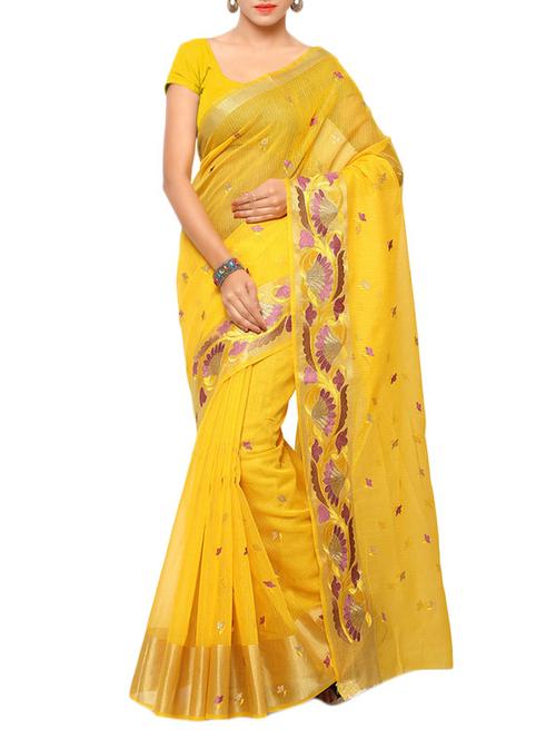 yellow banarasi cotton saree with blouse - 12404566 - Very Small Image - 1