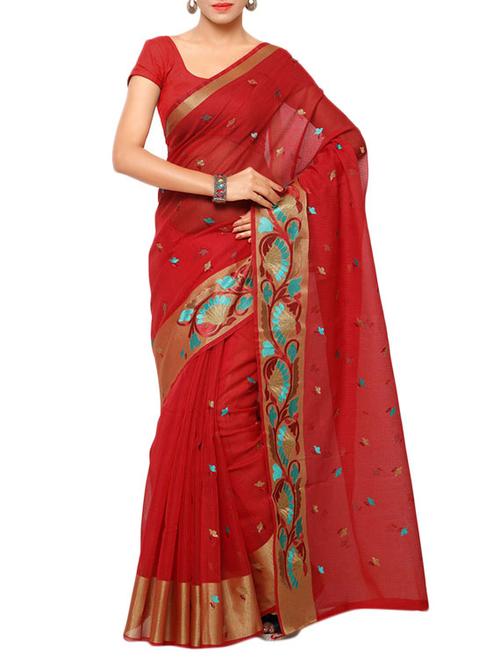 red banarasi cotton saree with blouse - 12404567 - Very Small Image - 1