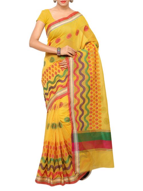 yellow banarasi cotton saree with blouse - 12404571 - Very Small Image - 1