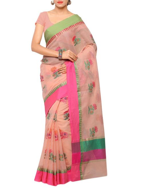 peach banarasi cotton saree with blouse - 12404578 - Very Small Image - 1