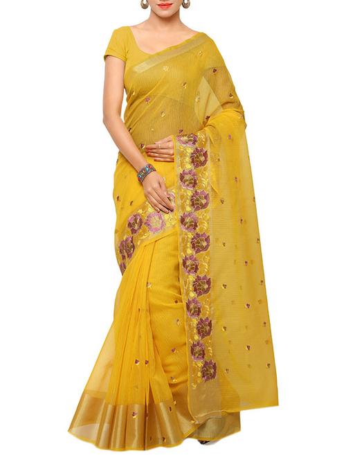 yellow banarasi cotton saree with blouse - 12404837 - Very Small Image - 1