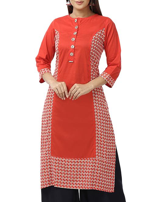 red cotton straight kurta - 12405391 - Very Small Image - 1