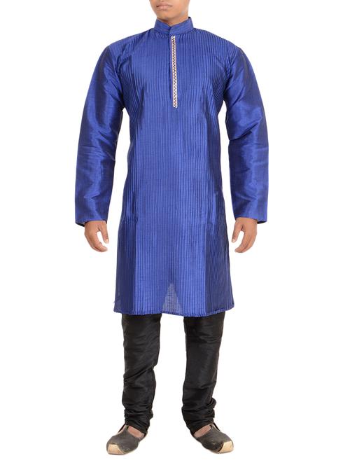 solid dark blue dupion kurta pyjama set - 12406101 - Very Small Image - 1