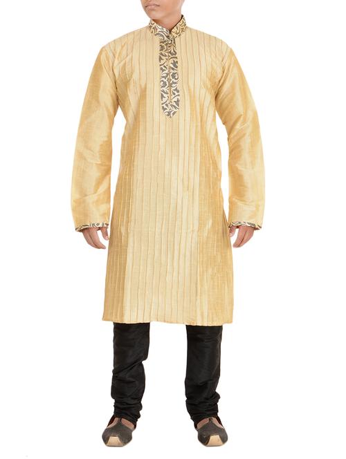 cream striped dupion kurta pyjama set - 12406107 - Very Small Image - 1