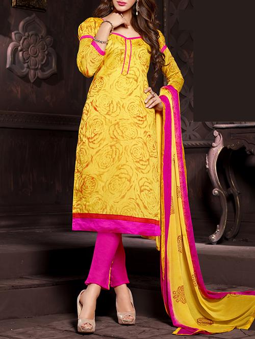 yellow cotton blend a-line unstitched suit - 12407699 - Very Small Image - 1