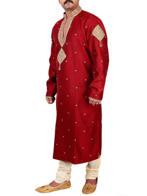 red pure silk kurta pyjama set - 12407875 - Very Small Image - 1