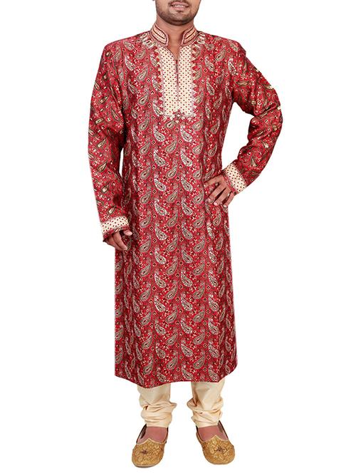 red pure silk kurta pyjama set - 12407877 - Very Small Image - 1