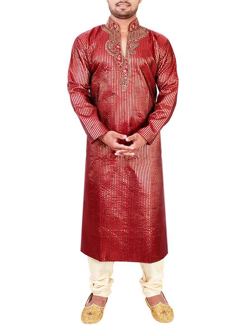 red pure silk kurta pyjama set - 12407882 - Very Small Image - 1