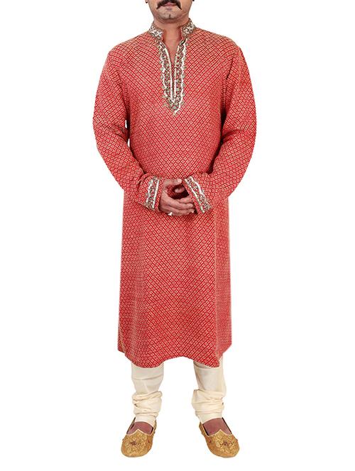 red pure silk kurta pyjama set - 12407883 - Very Small Image - 1