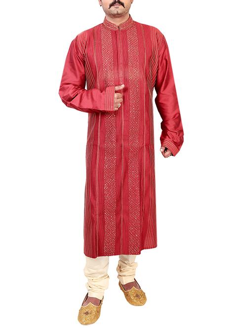 red pure silk kurta pyjama set - 12407889 - Very Small Image - 1