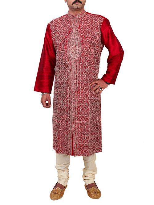 red pure silk kurta pyjama set - 12407893 - Very Small Image - 1