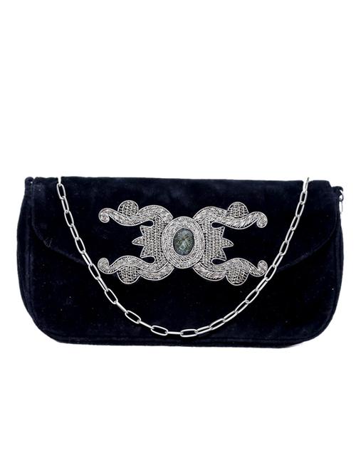 black cotton embellished clutch cum sling - 12410070 - Very Small Image - 1