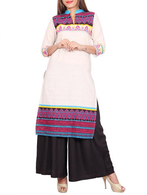 cream cotton straight kurta - 12417235 - Very Small Image - 1