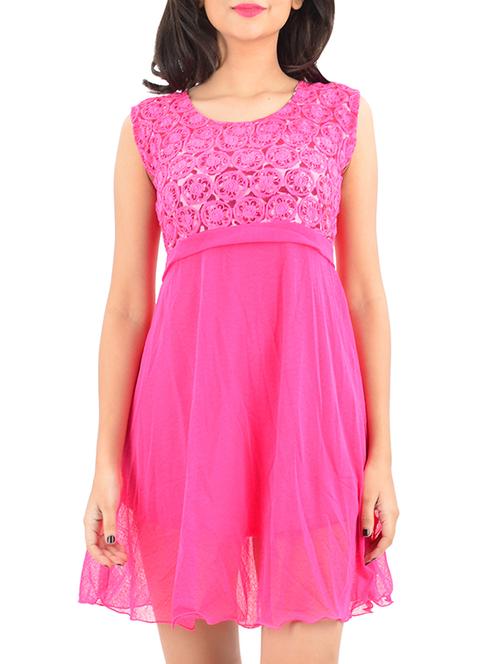 pink printed georgette fit & flare dress - 12423388 - Very Small Image - 1