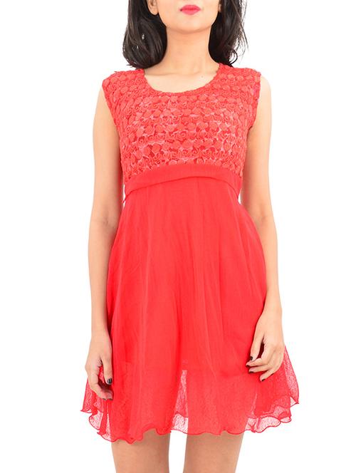 red printed georgette fit & flare dress - 12423389 - Very Small Image - 1