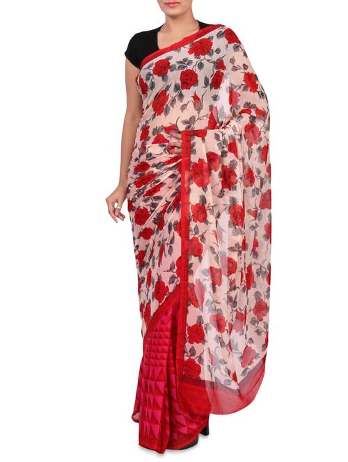 red printed chiffon saree with blouse - 1242642 - Very Small Image - 1