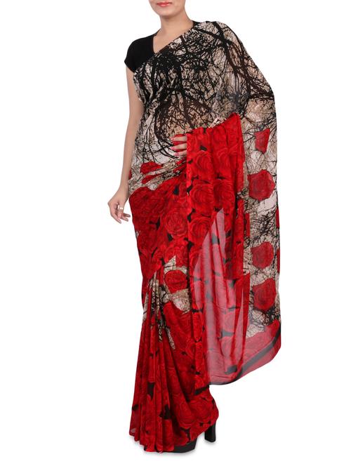 red printed georgette saree with blouse - 1242678 - Very Small Image - 1
