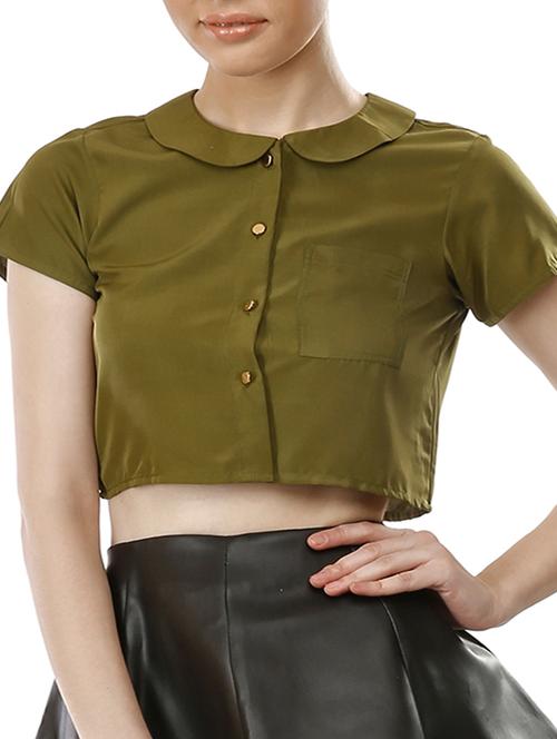 olive green crepe crop shirt - 12429498 - Very Small Image - 1