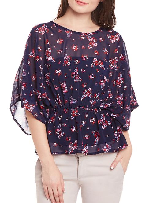 navy blue floral printed georgette regular top - 12444584 - Very Small Image - 1