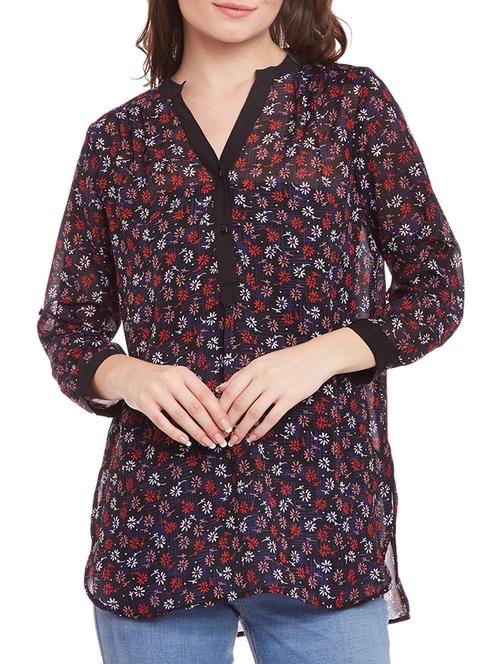 navy blue floral printed georgette regular top - 12444593 - Very Small Image - 1