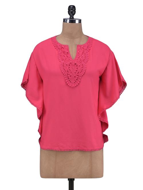 red cotton spandex plain laced kaftan top - 1244748 - Very Small Image - 1