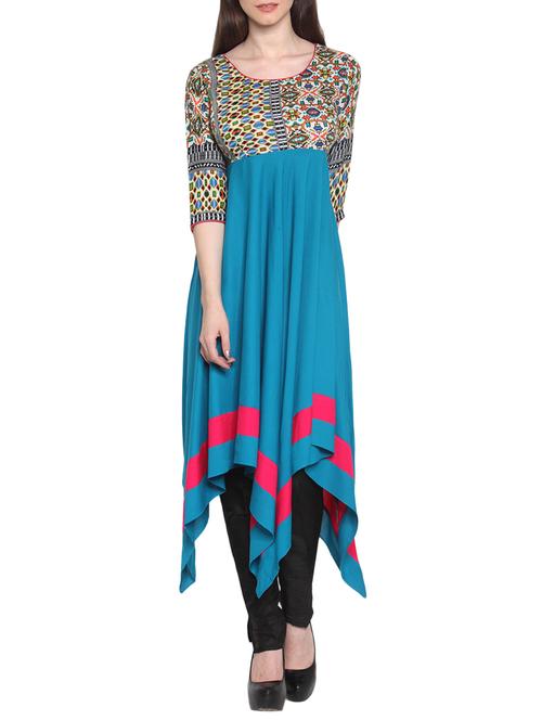 teal asymmetrical rayon kurta - 12449638 - Very Small Image - 1