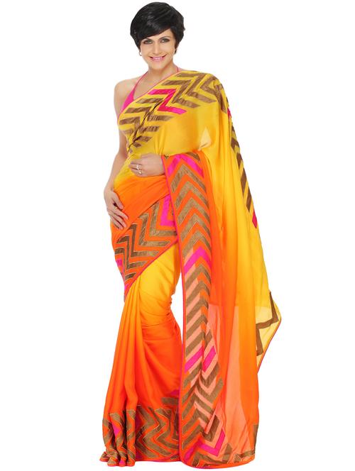 yellow and orange patchwork detailed saree - 12449737 - Very Small Image - 1