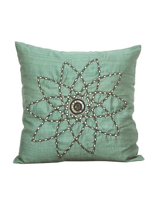 silk green flower dabka cushion cover - 12451656 - Very Small Image - 1