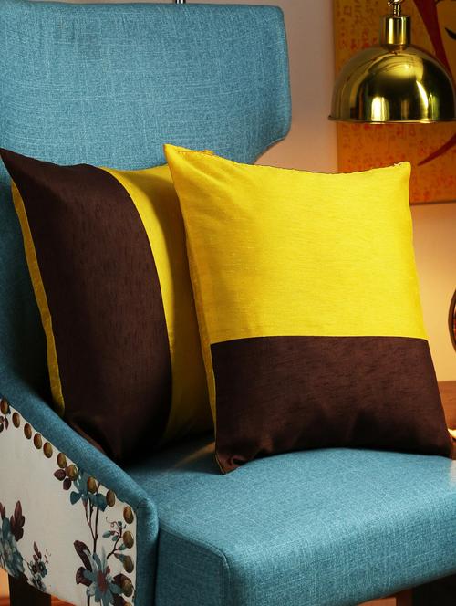 first row collections yellow & brown polyster cushion cover set of 2 pecs- 16x16 inch - 12459556 - Very Small Image - 1