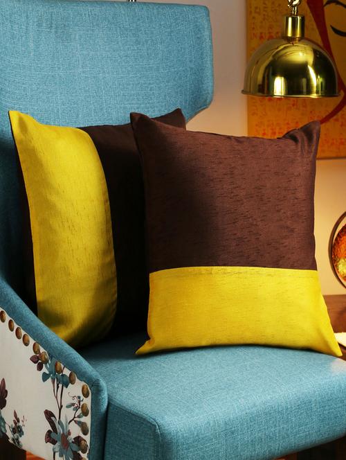 first row collections brown & yellow polyster cushion cover set of 2 pecs- 16x16 inch - 12459558 - Very Small Image - 1