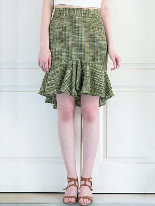 green chequered khadi cotton skirt - 12459979 - Very Small Image - 1