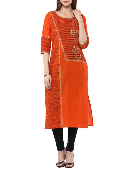 orange cotton straight kurta - 12462625 - Very Small Image - 1
