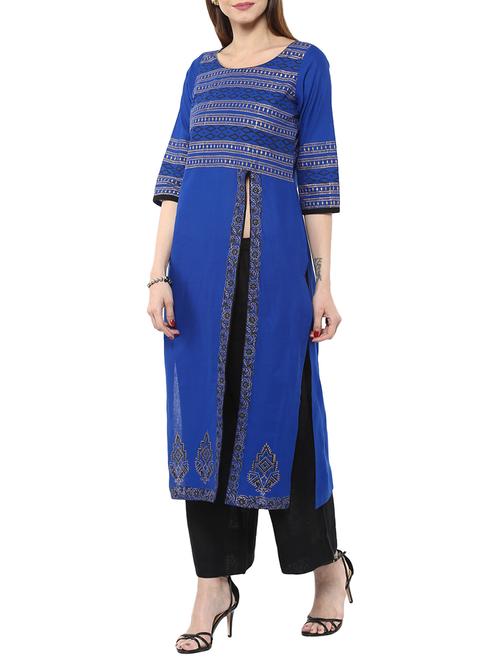 blue cotton straight kurta - 12462638 - Very Small Image - 1