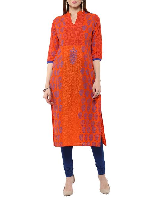 orange cotton straight kurta - 12462639 - Very Small Image - 1
