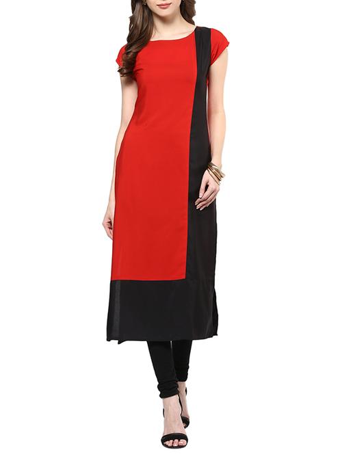 red crepe colour block long kurta - 12475081 - Very Small Image - 1