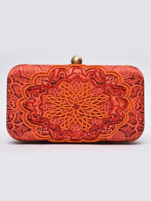 Orange beaded printed satin box clutch - 1247586 - Very Small Image - 1