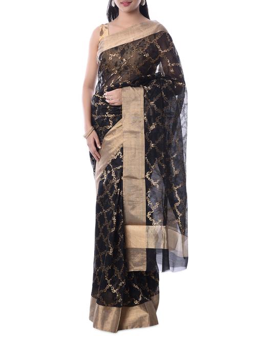 black chanderi silk woven saree with blouse - 12477747 - Very Small Image - 1