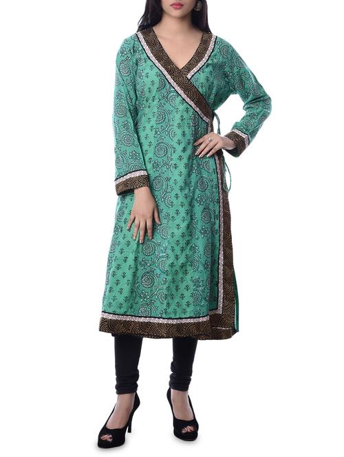 green cotton angrakha kurta - 12477777 - Very Small Image - 1