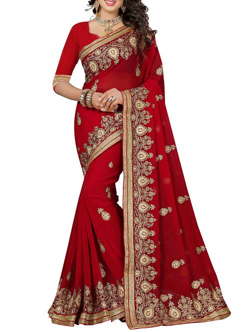 red embroidered saree with blouse - 12478042 - Very Small Image - 1