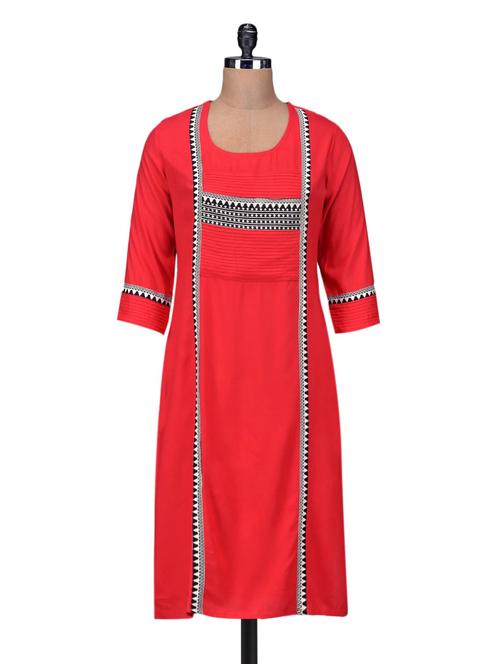 red rayon printed solid pin tucked kurta - 1248636 - Very Small Image - 1