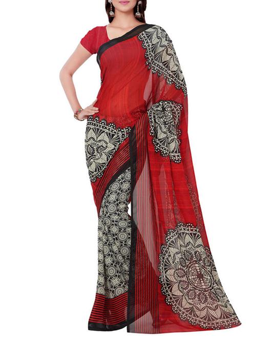 red faux georgette saree with blouse - 12493656 - Very Small Image - 1